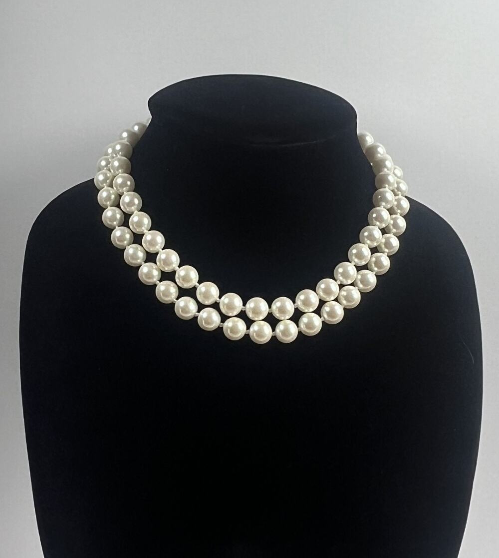 2 Strand Faux Pearl Layered Costume Statement Classic Choker Collar Necklace